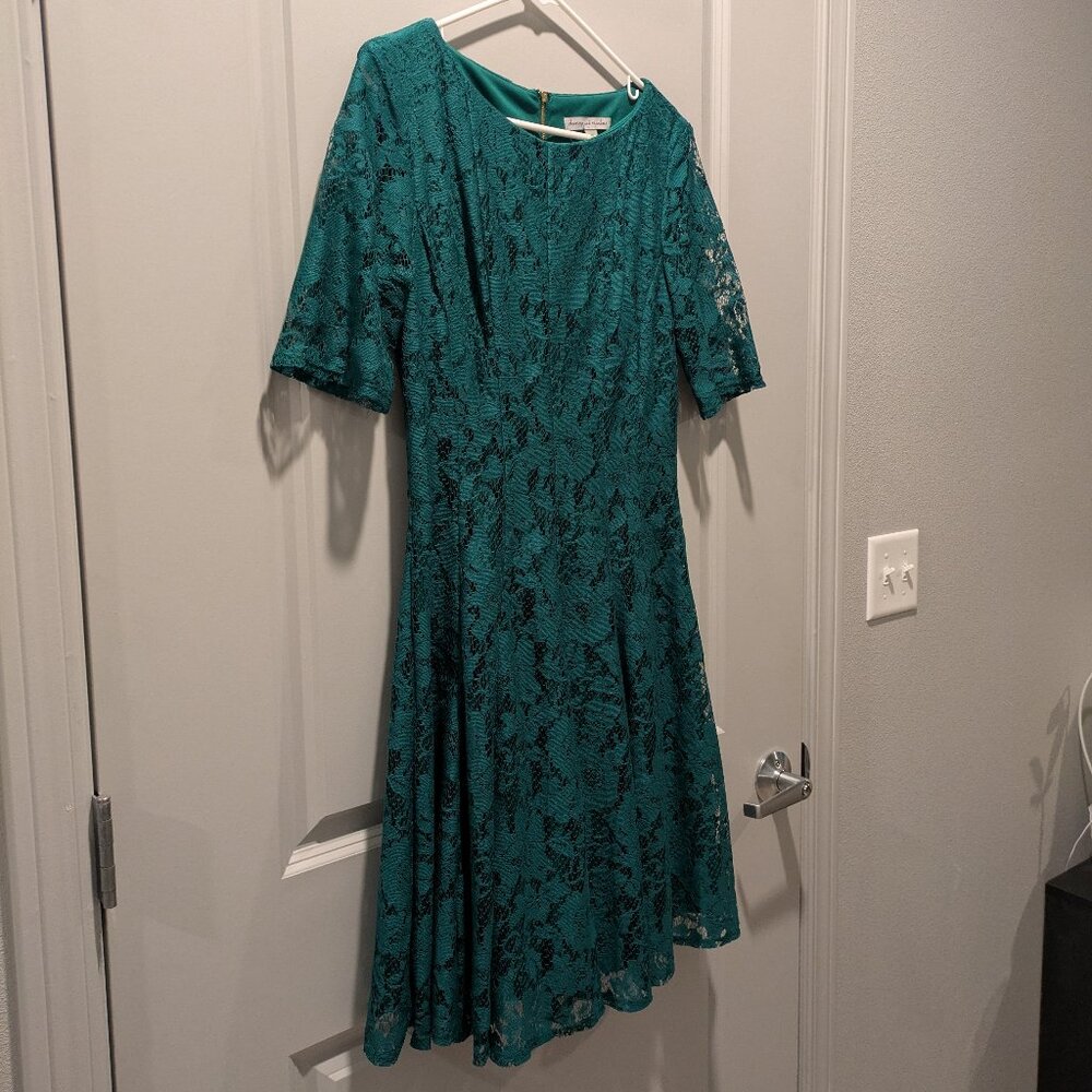 Danny & Nicole Emerald Green Lace Overlay A-Line Dress